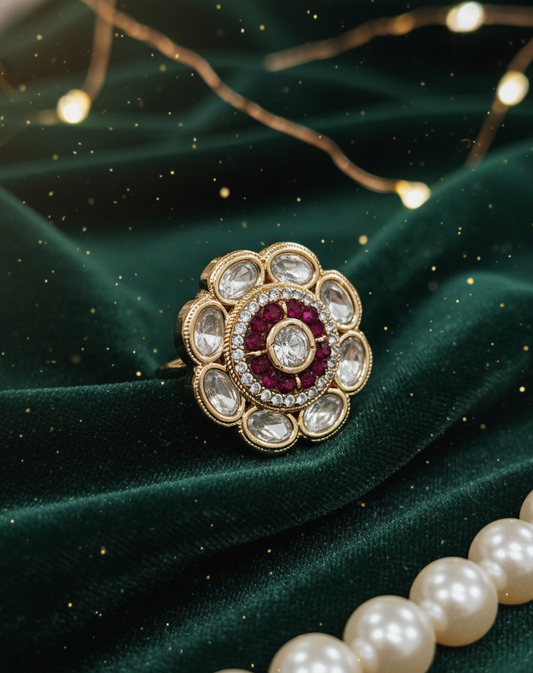 Ruby Polki Floral Ring in Antique Gold Finish