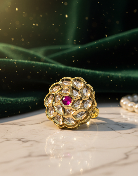 Royal Ruby Polki Floral Ring in Antique Gold Finish