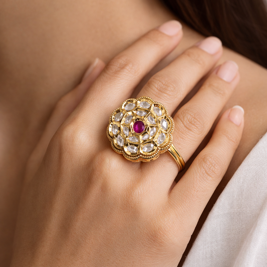 Royal Ruby Polki Floral Ring in Antique Gold Finish