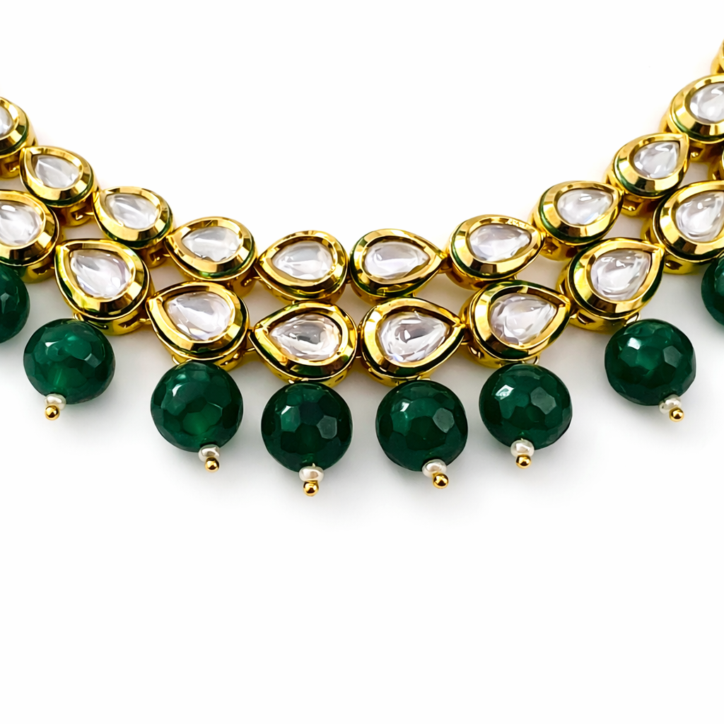 Jinam Emerald Grace Kundan imitation necklace set with intricate green and gold jewelry design on a white background.