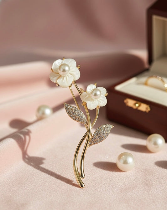 Pearl Flower and American Diamond Brooch