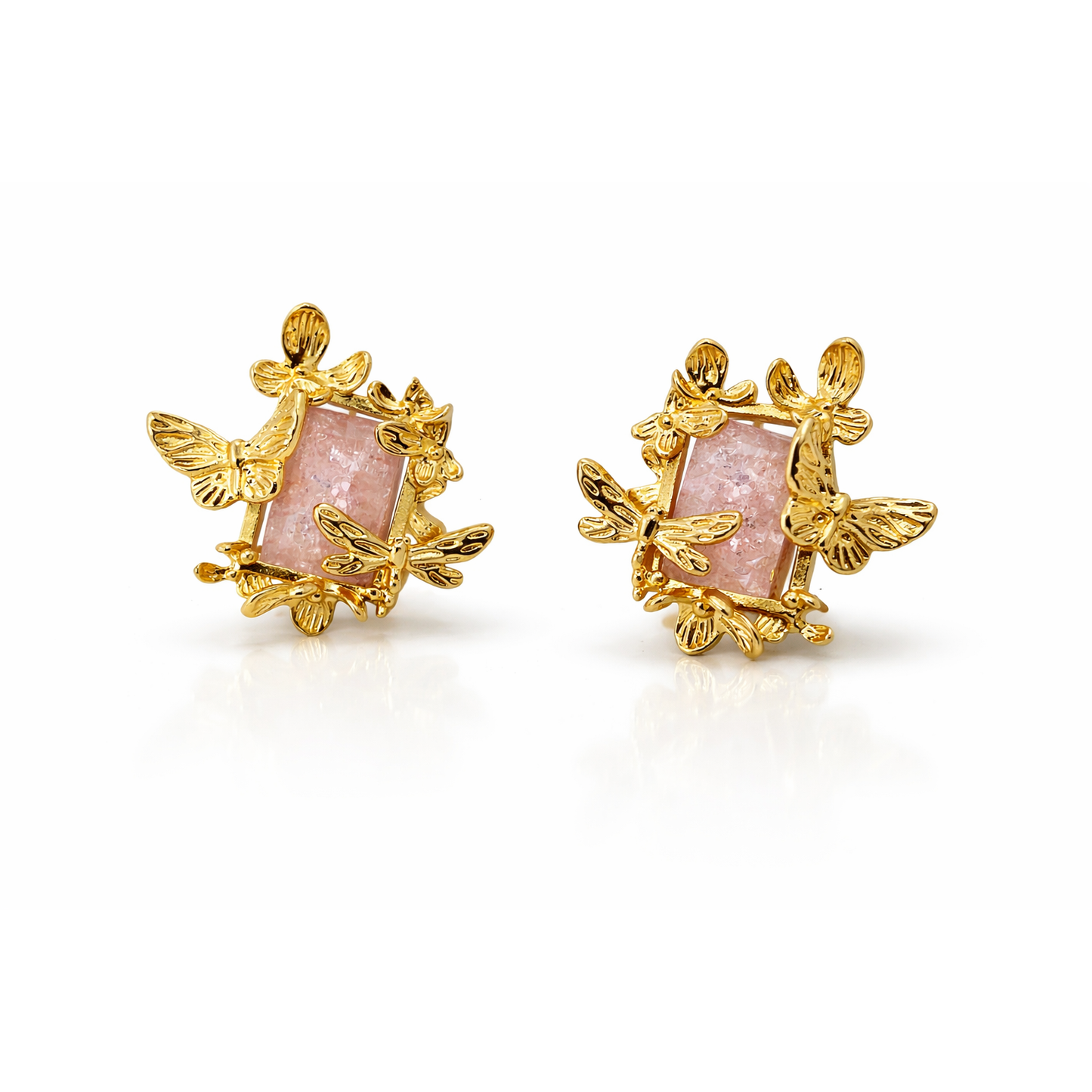 Designer Gold Floral Necklace and Earrings Set with Blush Pink Stone