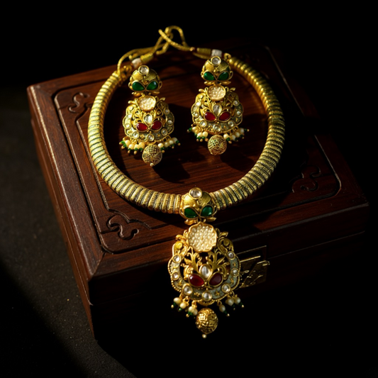 Traditional Hasli Gold-Plated Kundan Necklace Set with Earrings