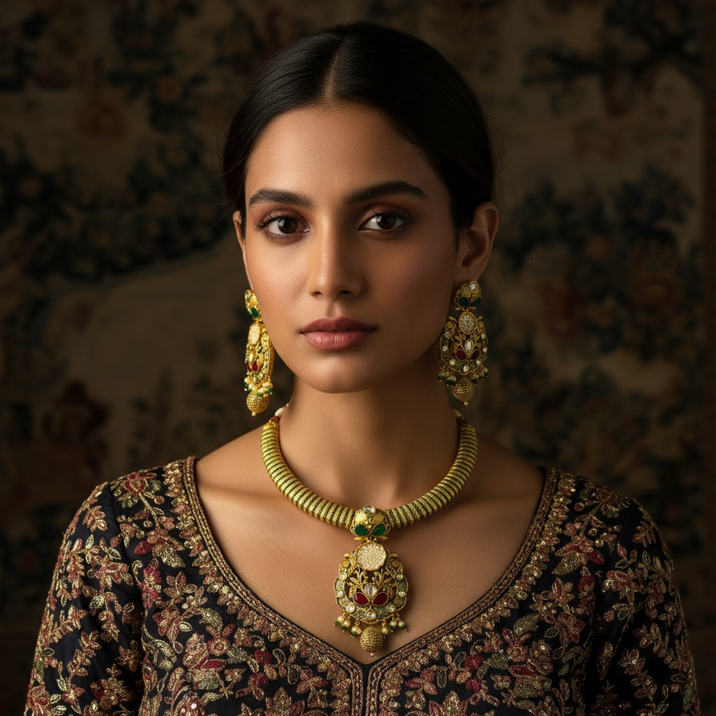 Traditional Hasli Gold-Plated Kundan Necklace Set with Earrings