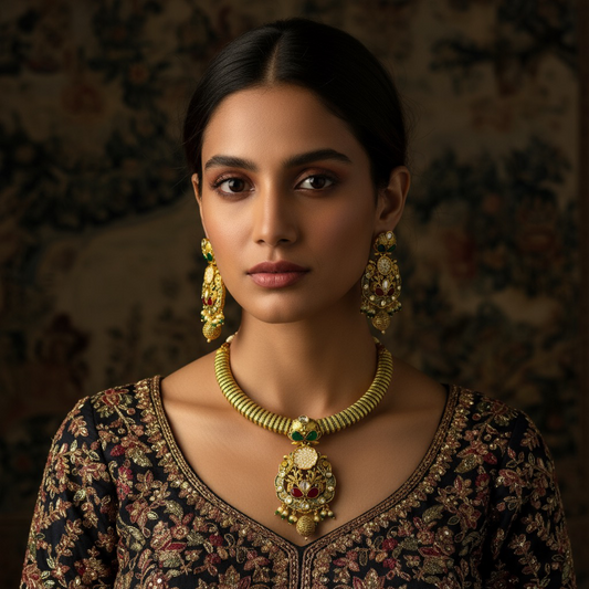 Traditional Hasli Gold-Plated Kundan Necklace Set with Earrings