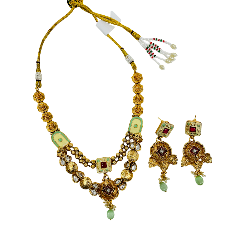 Royal Kundan Antique Gold Necklace Set with Green Beads & Matching Earrings