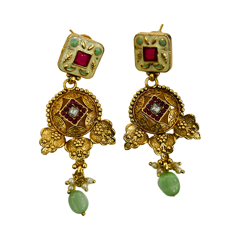 Royal Kundan Antique Gold Necklace Set with Green Beads & Matching Earrings