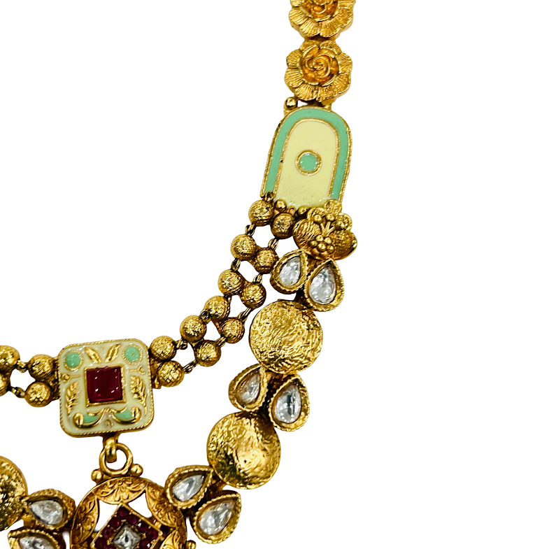 Royal Kundan Antique Gold Necklace Set with Green Beads & Matching Earrings