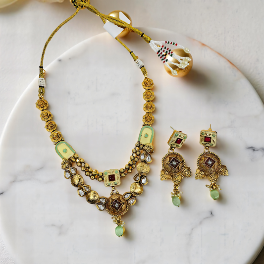 Royal Kundan Antique Gold Necklace Set with Green Beads & Matching Earrings