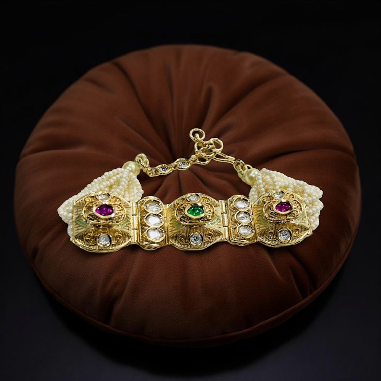 Royal Kundan Pearl Multi-Strand Bracelet