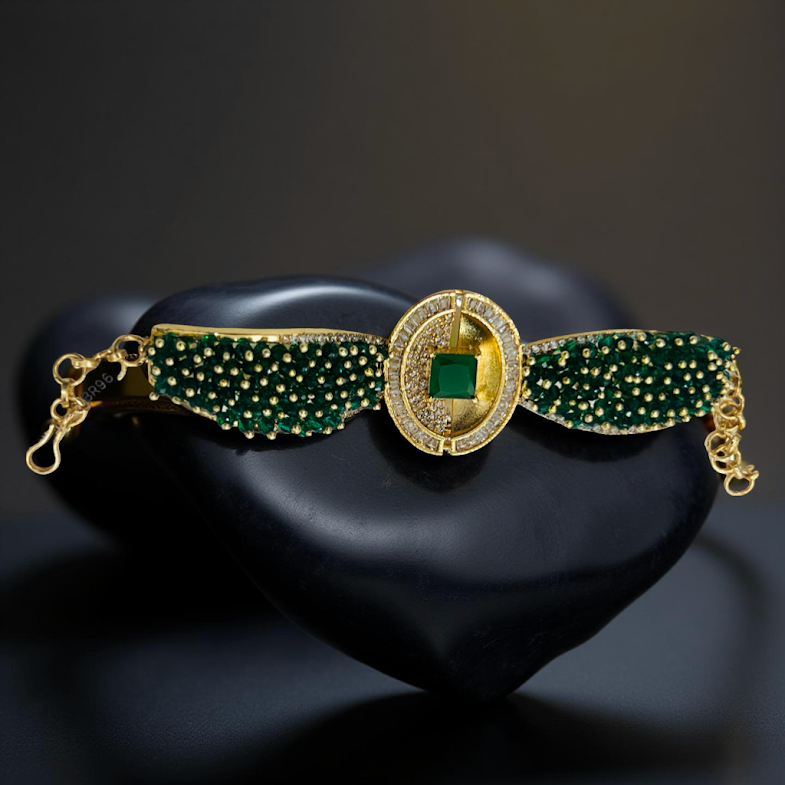 Regal Emerald & Gold-Tone Cuff Bracelet - Adjustable Green Beaded Bridal/Festive Jewelry