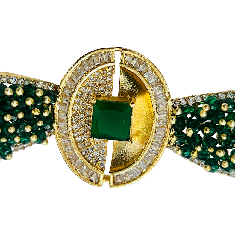Regal Emerald & Gold-Tone Cuff Bracelet - Adjustable Green Beaded Bridal/Festive Jewelry