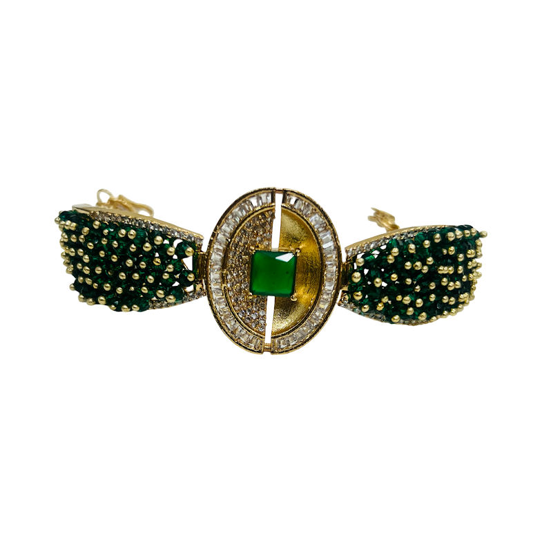 Regal Emerald & Gold-Tone Cuff Bracelet - Adjustable Green Beaded Bridal/Festive Jewelry