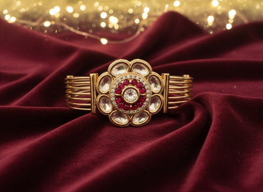 Ruby Kundan Adjustable Bracelet in Rose Gold Finish