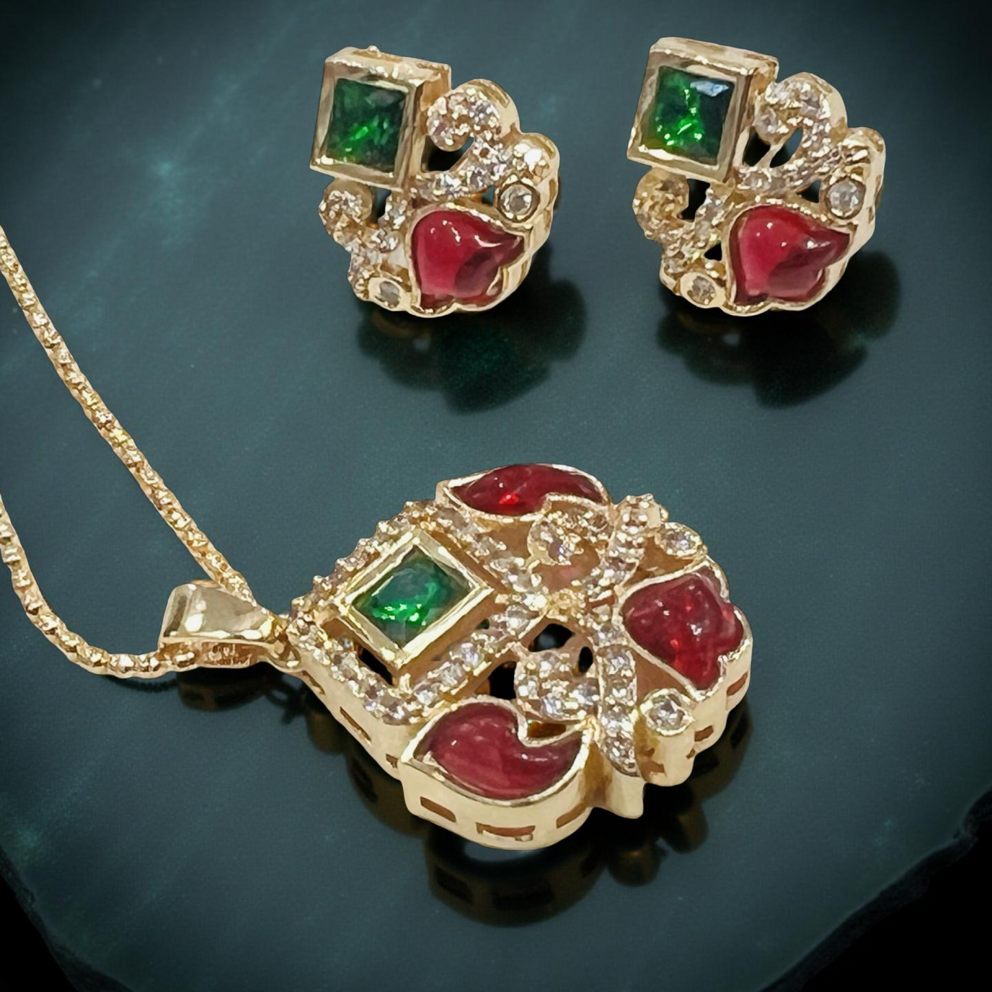 Ruby & Emerald Designer Pendant Set in Gold Finish