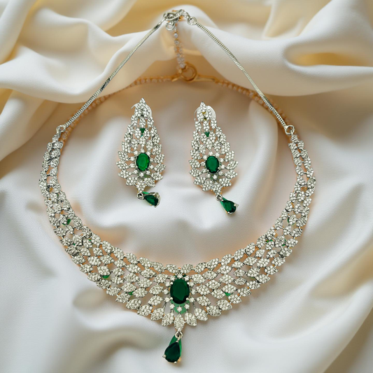 Silver Radiance Emerald AD Necklace Set