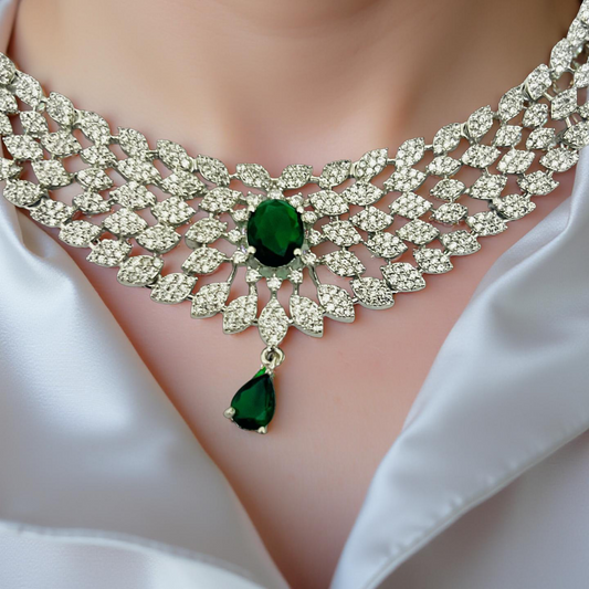 Silver Radiance Emerald AD Necklace Set