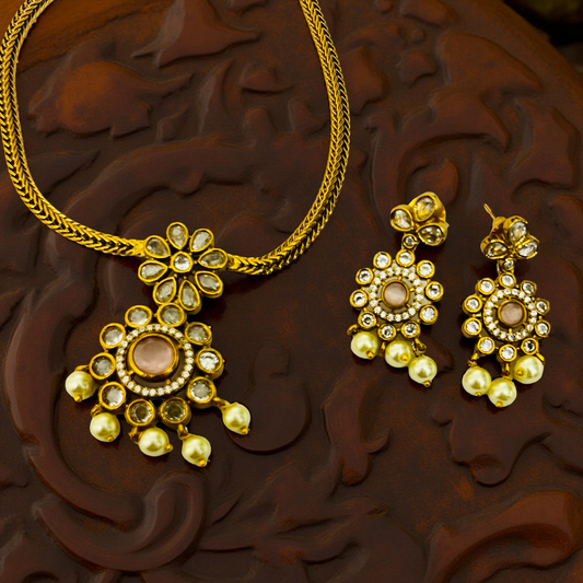 Rajwadi Antique Gold Floral Pearl Necklace Set