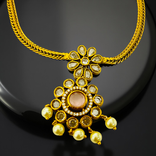 Rajwadi Antique Gold Floral Pearl Necklace Set