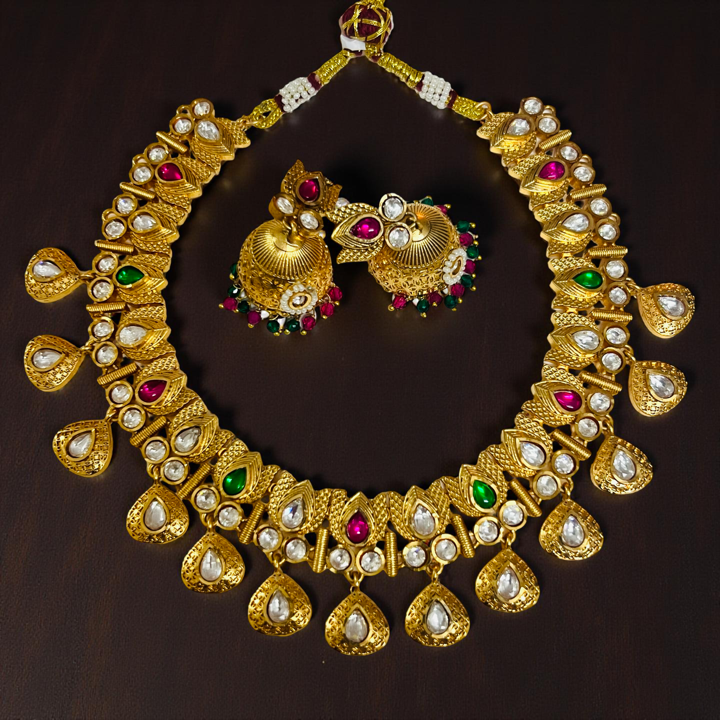 Antitarnish Temple Kundan Imitation Necklace Set with Jhumka Earrings