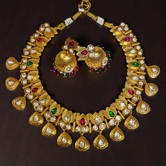 Antitarnish Temple Kundan Imitation Necklace Set with Jhumka Earrings