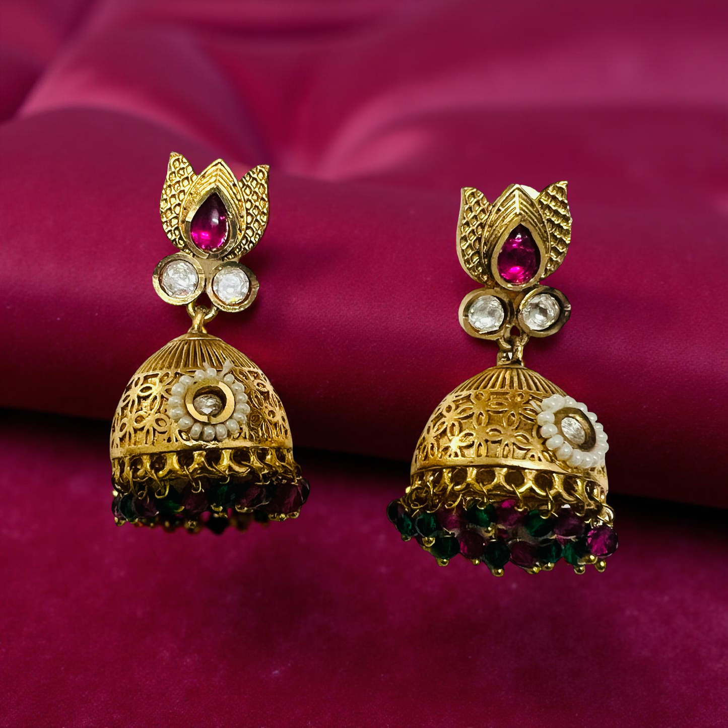 Antitarnish Temple Kundan Imitation Necklace Set with Jhumka Earrings