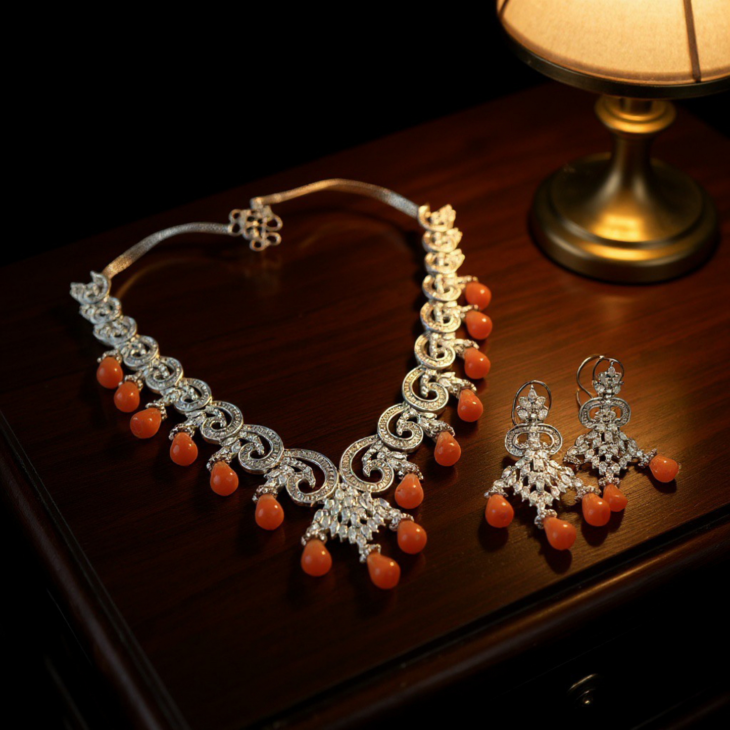 Silver Coral Cascade AD Necklace Set