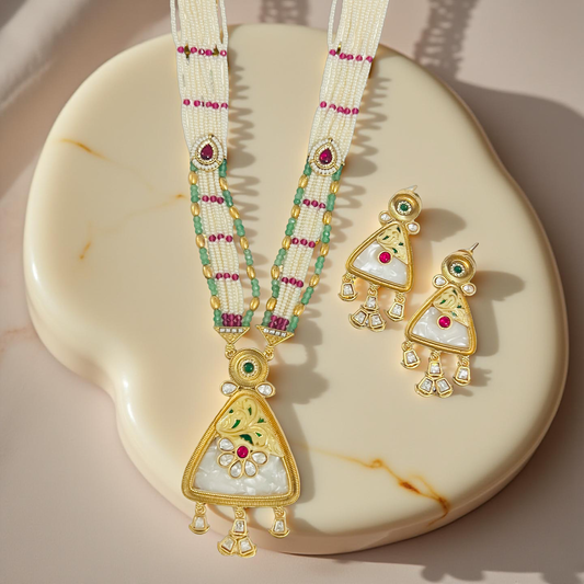 Golden Triad Pearl Kundan Necklace Set