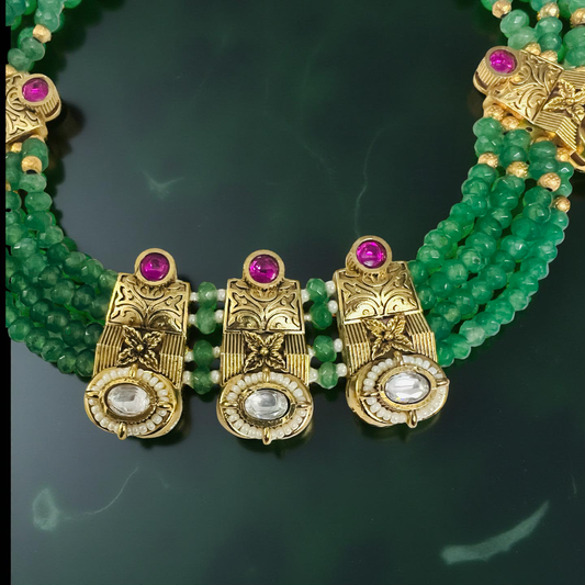 Regal Emerald Beaded Necklace Set with Antique Gold Detailing