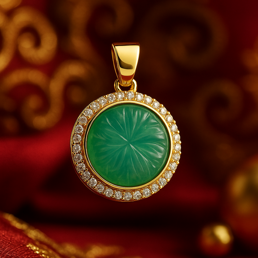 π Green Floral-Carved Stone Jewellery Set (Pendant, Earrings & Ring)