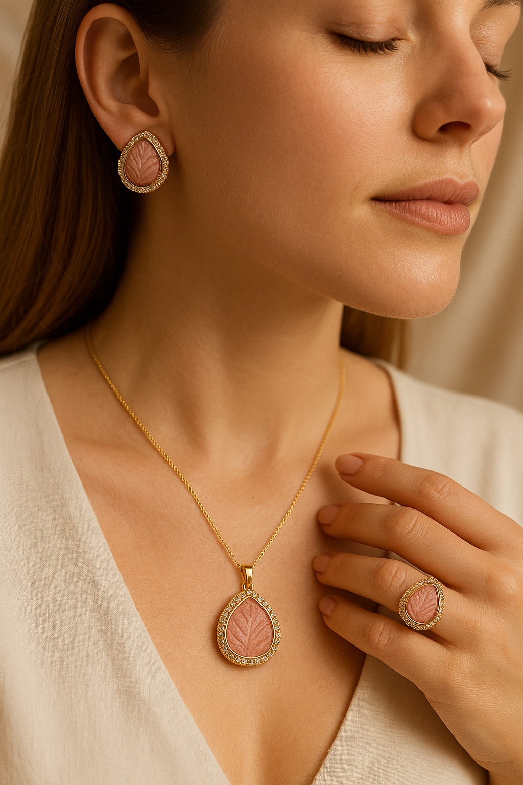 π Pink Leaf-Carved Stone Jewellery Set (Pendant, Earrings & Ring)