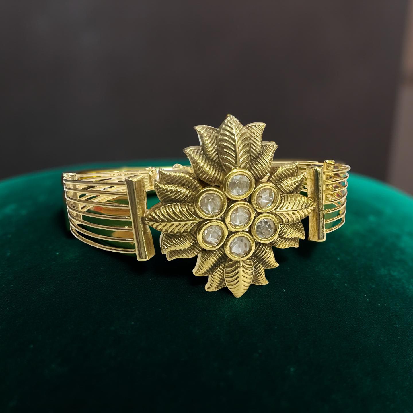 Floral Kundan Statement Bracelet in Antique Gold Finish