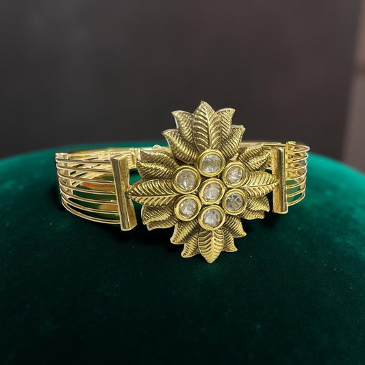 Floral Kundan Statement Bracelet in Antique Gold Finish