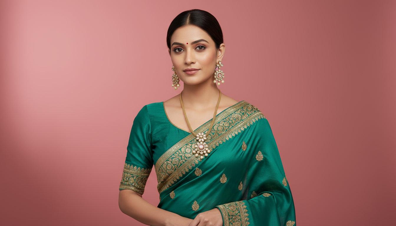 Woman wearing a gold Kundan necklace with a red background and text.