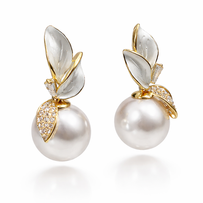 Pearl Drop Leaf Gold Earrings
