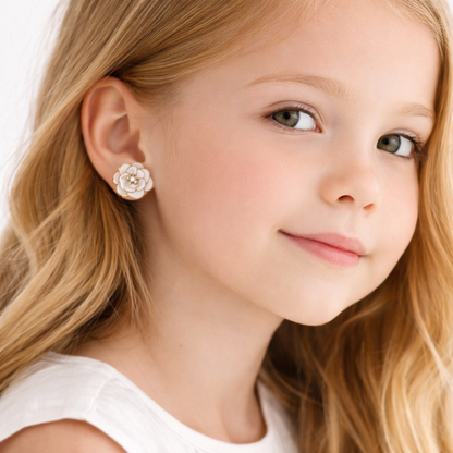 Kids White Enamel Stud Earrings – Set of 3 Pairs (Rose, Daisy & Ladybug)