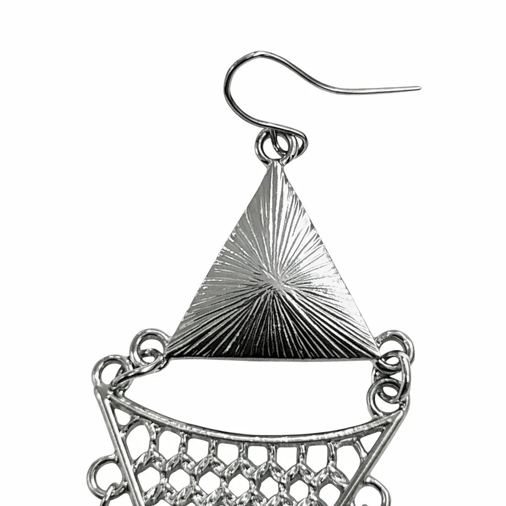 Oxidised silver triangle dangler earrings with multicolor beads, featuring Jinam brand jewelry with intricate design and vibrant accents.