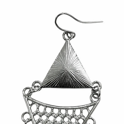 Oxidised silver triangle dangler earrings with multicolor beads, featuring Jinam brand jewelry with intricate design and vibrant accents.