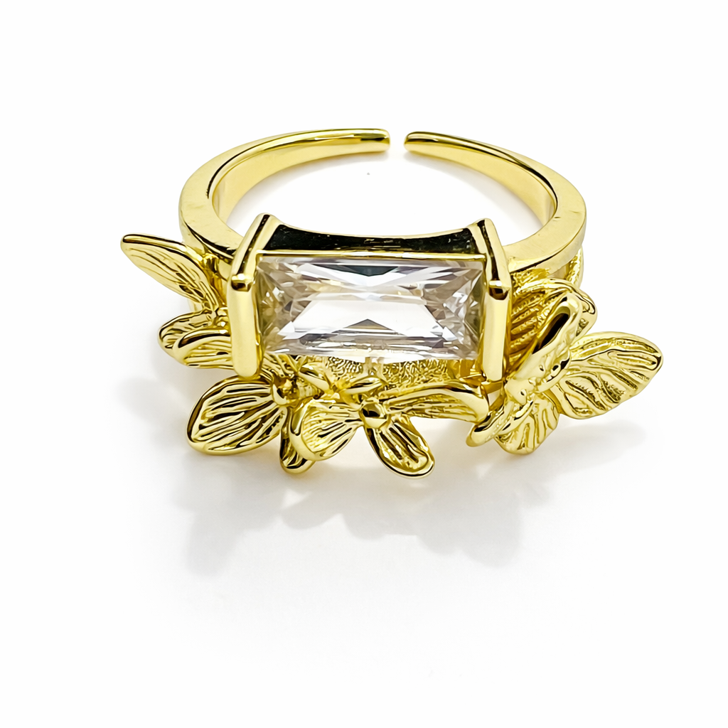 Butterfly Garden Statement Ring with Rectangle Crystal - Adjustable Gold Finish