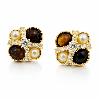 Gold-plated tiger eye and pearl pendant necklace set with CZ crisscross design featuring a Jinam pendant on a chain.