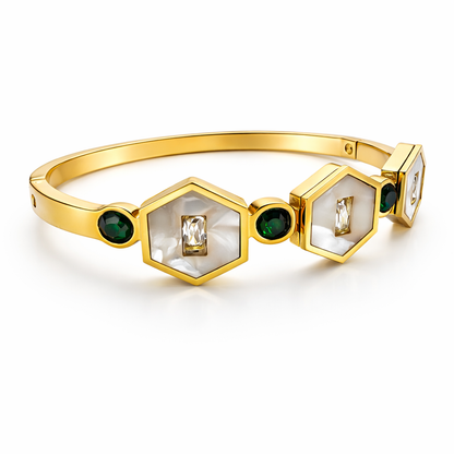 Geometric Mother-of-Pearl Gold Bracelet with Black Onyx Accents