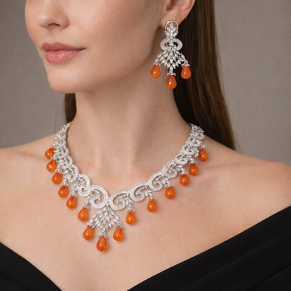 Silver Coral Cascade AD Necklace Set