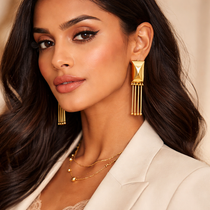 Gold Quilted Rectangle Tassel Bar Earrings with Ball-Tip Rod Drops