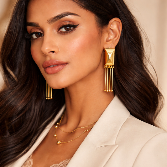 Gold Quilted Rectangle Tassel Bar Earrings with Ball-Tip Rod Drops