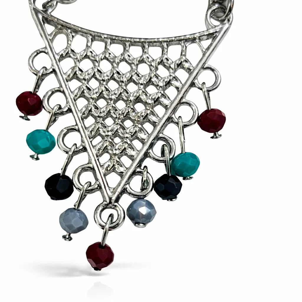 Oxidised silver triangle dangler earrings with multicolor beads, stylish jewelry by Jinam featuring boho-inspired design.