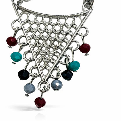 Oxidised silver triangle dangler earrings with multicolor beads, stylish jewelry by Jinam featuring boho-inspired design.