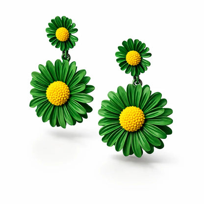 Jinam green daisy floral drop earrings with gold-tone hooks, featuring vibrant flower designs and delicate detailing.