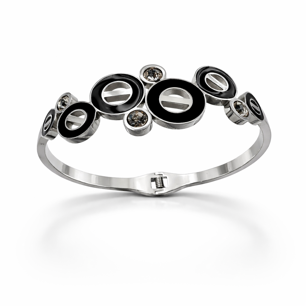 Eclipse Noir Silver Bracelet – Modern Black Enamel & Crystal Designer Cuff