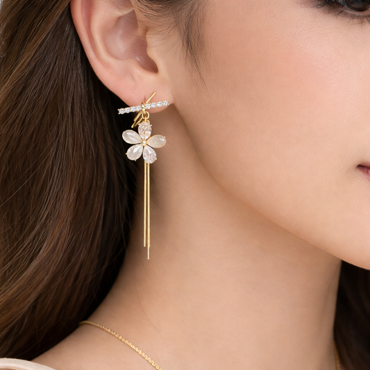 Luxury Floral Crystal Long Drop Earrings