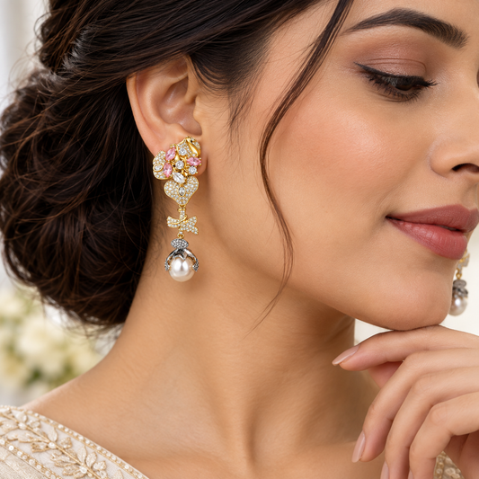 Gold-Tone Pink Floral Semi-Precious Stone & Zircon Drop Earrings